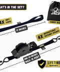 Contents of Auto Self Retracting Ratchet Straps 1 Inch By 15 Feet 4 Pack Heavy Duty Cargo Tie Down Straps set with warranty bag.