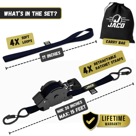 Contents of Auto Self Retracting Ratchet Straps 1 Inch By 15 Feet 4 Pack Heavy Duty Cargo Tie Down Straps set with warranty bag.