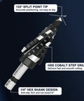 Four Spiral Flute TiAlN Coated Step Drill Bit Unibit 1/8 In To 1/2 In Wear Resistant Cobalt Drill Bit With 1/4 In Hex Shank