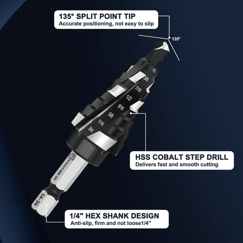 Four Spiral Flute TiAlN Coated Step Drill Bit Unibit 1/8 In To 1/2 In Wear Resistant Cobalt Drill Bit With 1/4 In Hex Shank