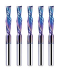 5-Piece Carbide Spiral Downcut CNC Router Bits Set With One Eighth Inch Shank And One Eighth Inch Cutting Diameter, Three Quarter Inch Cutting Length, One And One Half Inch Total Length, TAC Coated End Mills For Wood Carving And Engraving Pro Grade lined up showing detailed TAC coating.