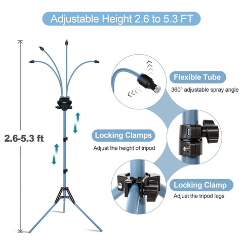 Portable Outdoor Misting System With 30L Water Bag And Rechargeable Pump Hose Free Cooling for patio, adjustable blue stand