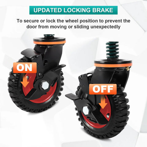 6 Inch Gate Wheels With Brake, 360 Degree Swivel, Spring Loaded Gate Rollers For Metal And Wood Gates, Anti Drag In Mud