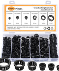 170 Pcs Black Round Nylon Cable Snap Grommets Set Durable PA66 Material in assorted sizes, organized in a plastic case