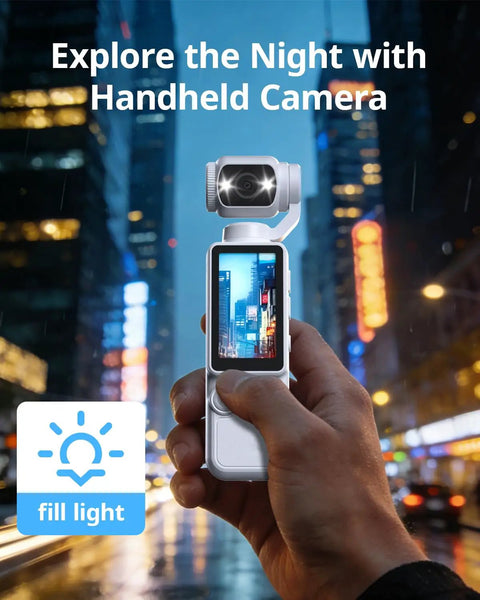 Hand holding Pocket 2.5K Video Recorder With 180 Degree Rotating Lens For Vlogging, cityscape visible on screen at night