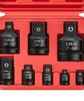 Eight Piece Impact Socket Adapter And Reducer Set For Quarter Through One Inch Drives Featuring Slick Swaps And Badass Durability Optimized For Drills Ratchets And Breaker Bars in a red storage case.