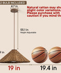 DLITISH 19'' Hand Woven Rattan Pendant Light with Glass Shade, showing dimensions and height adjustable feature.