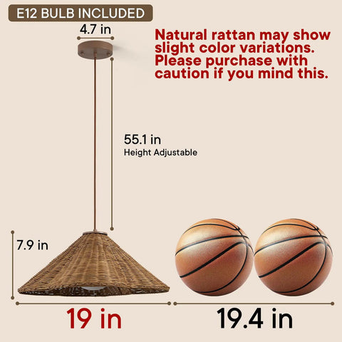DLITISH 19'' Hand Woven Rattan Pendant Light with Glass Shade, showing dimensions and height adjustable feature.