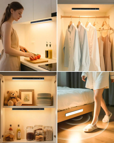 Rechargeable Motion Sensor Closet Lights With Battery Level Display, 60 LED Under Cabinet Lighting for Kitchen and Cupboard