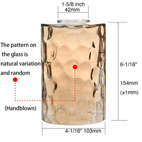 3 Pack Amber Hammered Glass Lamp Shade Replacement For 1-5/8 Inch Fitter 6-1/16 Inch Tall Cylinder Glass Globe with dimensions
