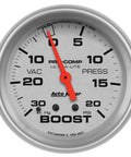 Auto Meter 4401 Ultra-Lite mechanical boost/vacuum gauge, 2.625 in, front view, red needle
