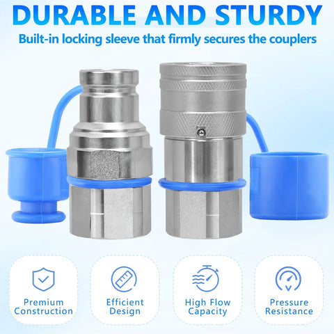 Two silver 3/8'' NPT flat-face hydraulic quick-connect couplers with blue protective dust caps, ISO 16028, 2-pack.