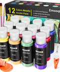 Metallic Acrylic Paint Set 12x60ml Professional Quality With 3 Free Brushes And 1 Scraper Non Fading Multi Surface Paints For Beginners And Pros Vibrant Metallic Colors For Arts And Crafts arranged with box, paint bottles, brushes, and scraper visible.