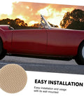 Red convertible car with sunset background, beige fabric sample for car headliner, text overlay 'Easy Installation.'