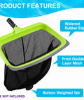 Green skimmer net from 3 Piece Pool Cleaning Kit With Skimmer Net, 17.5 Inch Aluminum Wall Brush, And 90 Degree Rotatable Hand Scrub Brush