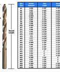 Size 21 Cobalt Drill Bit Set Pack Of 12 From DWDCO Series Gold Oxide Coated for stainless steel, with chart of wire sizes and lengths.