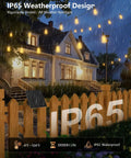 Outdoor Globe String Lights For Patio And Backyard With 50 Hanging Sockets, E12 Base, 5W Clear Bulbs illuminating a house in rain