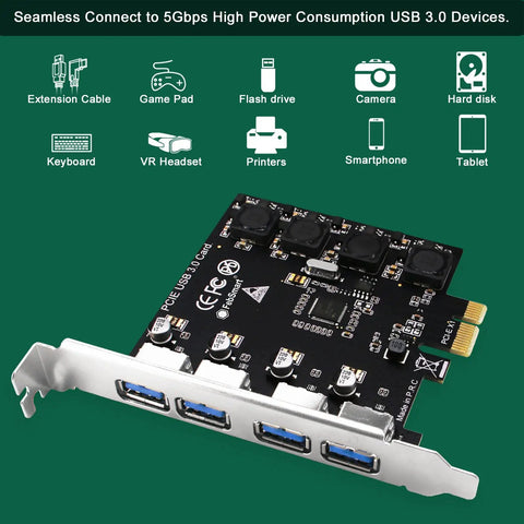 Four Port USB 3.0 PCIe Expansion Card With Self Powered Technology Delivers 5Gbps USB A Ports X1 PCIe Interface Plug And Play For Windows 11 10 8 7 Vista XP Desktops And Workstations No Extra Power Supply Needed. Shows card layout and device compatibility.