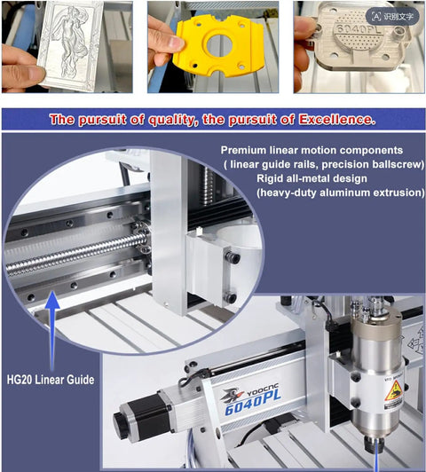 Bulletproof Hg20 Linear Guide Rail Setup with 2200W Spindle for 6040 CNC Router showcasing rigid aluminum components.