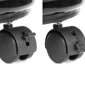 Close-up of Two Universal Wheels with Brake Locks from Three Piece Plant Dolly Set Heavy Duty Resin Base for Indoor Outdoor Flower Pots Black.