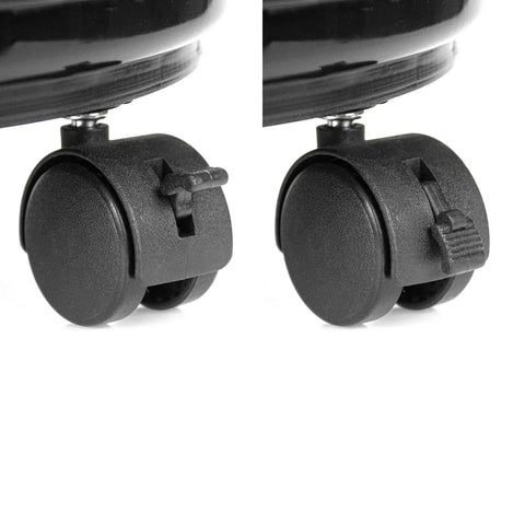 Close-up of Two Universal Wheels with Brake Locks from Three Piece Plant Dolly Set Heavy Duty Resin Base for Indoor Outdoor Flower Pots Black.