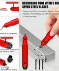 Deburring tool with red handle shown with different blade attachments used for metal, copper, and plastic pipes.