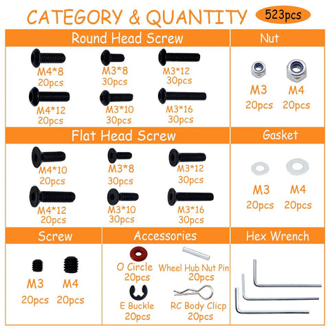 Rugged All In One RC Screw Kit with 15 Size Screws And Hardware Fasteners For Eighth To Sixteenth Scale Crawlers And Trucks, Perfect For Traxxas Axial Arrma Redcat Losi RC4WD And More with detailed view of screws and accessories in a box.