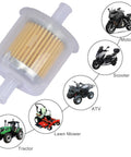 Replacement Gas Inline Fuel Filters For Three Eighth Inch Fuel Lines Great For Motorcycles Cars Trucks Lawn Mowers Snowmobiles Generators Go Karts And Small Gasoline Engines Pack Of Four shown with various vehicles