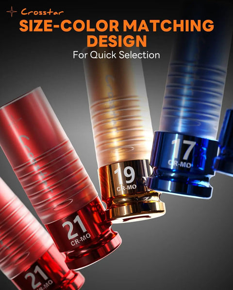 Heavy Duty Half Inch Drive Lug Nut Impact Socket Set Deep Thin Wall Sockets in 17mm 19mm 21mm CR-Mo Steel Non Marring Rim Sleeved