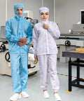 Versatile Two Piece Cleanroom Suit With Built Hood And Ultra Breathable Fabric Designed For Zero Sweat, shown in blue and white.