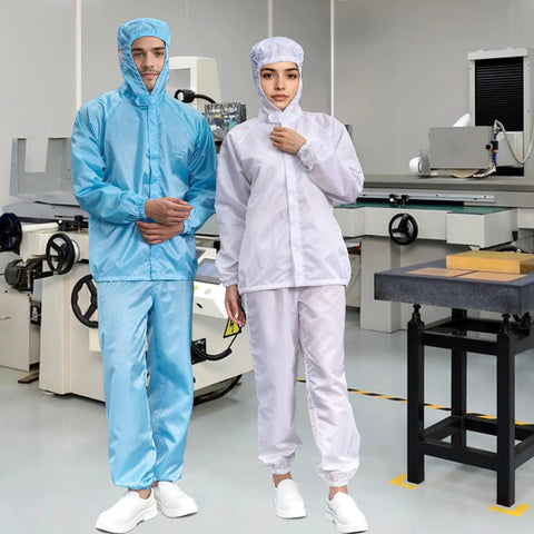Versatile Two Piece Cleanroom Suit With Built Hood And Ultra Breathable Fabric Designed For Zero Sweat, shown in blue and white.