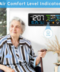 Wireless Indoor Outdoor Weather Station With Atomic Clock, Large 5.9 Inch HD Color Display, shown on wall with air comfort level