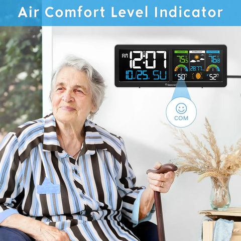 Wireless Indoor Outdoor Weather Station With Atomic Clock, Large 5.9 Inch HD Color Display, shown on wall with air comfort level