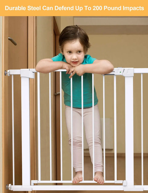 Child leaning on Extra Wide Auto Close Baby Gate With Easy Walk Through For Stairs And Doorways Pressure Mounted No Drilling
