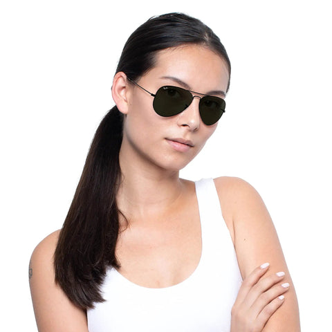 Woman wearing Classic Aviator Sunglasses For Men And Women Black Frame With G-15 Green Lenses 58 mm Eye Size Timeless Pilot Style