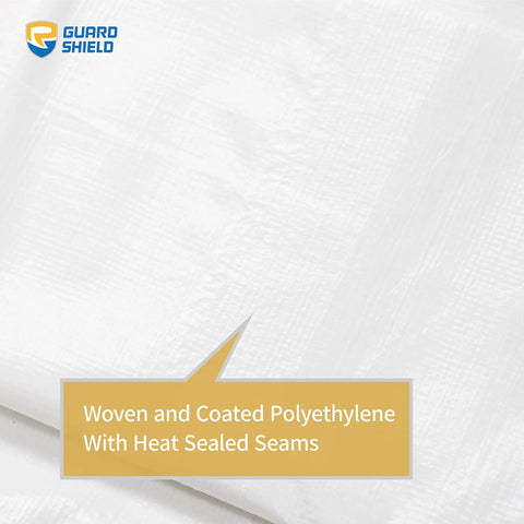 Close-up of Heavy Duty Waterproof Tarp 10x20 White Poly Tarpaulin 10 Mil Thick material with heat sealed seams detail.