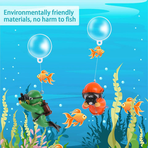 Floating Diver Aquarium Decor 4 Pack with two diver toys in green and orange, goldfish, and sea plants, durable resin material.