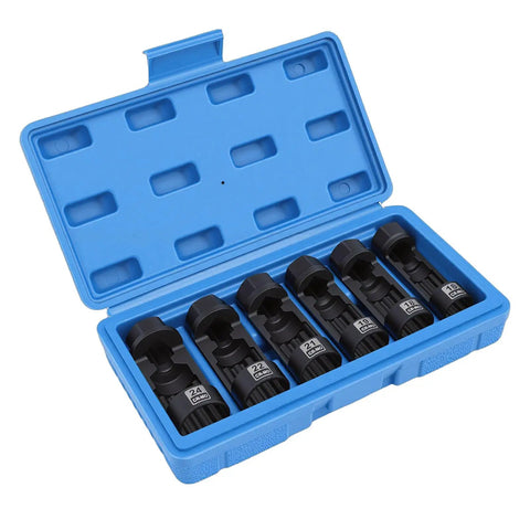 Open blue case displaying 6 Piece Strut Nut Socket Set With Storage Case For Shock Absorber Nuts 16mm 18mm 19mm 21mm 22mm 24mm