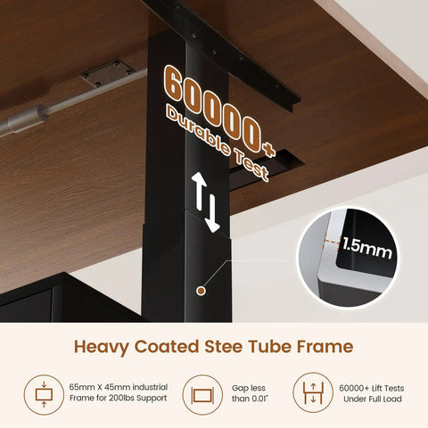 Heavy coated steel tube frame of Electric Standing Desk With 6 Drawers, 55 Inch Wide Adjustable Desk, durable black finish.