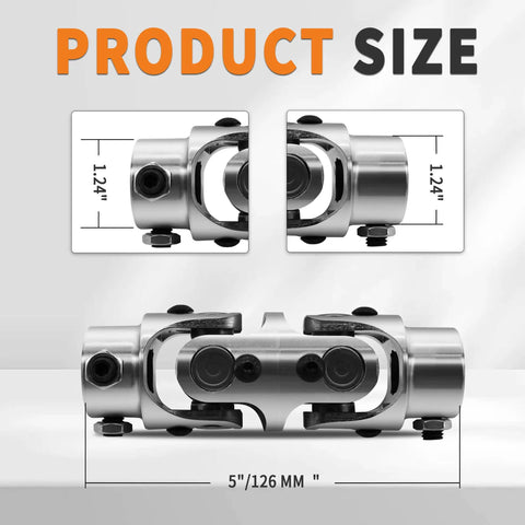 Heavy Duty Double U Joint Steering Shaft 3/4 Inch DD to 3/4 Inch DD Chrome Coated Universal Joint, 5 Inch Total Length, 35 Degree Working Angle, 4000 RPM Max, 40Cr Alloy Steel With Premium Needle Roller Support, 5 in / 126 mm size shown