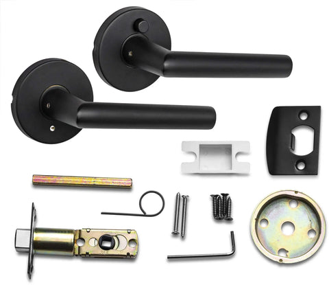 Privacy Lever Door Handle Set With Smooth Round Design, Heavy Duty Locking Lever, Iron Black Finish, Accessories Included