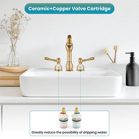 Vintage 8 Inch Widespread Bathroom Faucet With 3 Hole 2 Lever Handles Deck Mount And Pop Up Drain Antique Brass on white sink