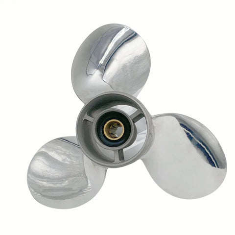 Stainless Steel Three Blade Propeller For Yamaha Outboard Motor Nine Point Twenty Five By Eleven Right Hand Spin Through Hub Exhaust