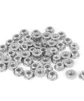 Top Notch Serrated Flange Hex Lock Nuts 50 Pack Crafted From Durably Strong 304 Stainless Steel Full Thread Non Slip Fasteners With A Slick Bright Silver Finish For Every Rig And Project in a close-up pile showing the shine and serrated edges.