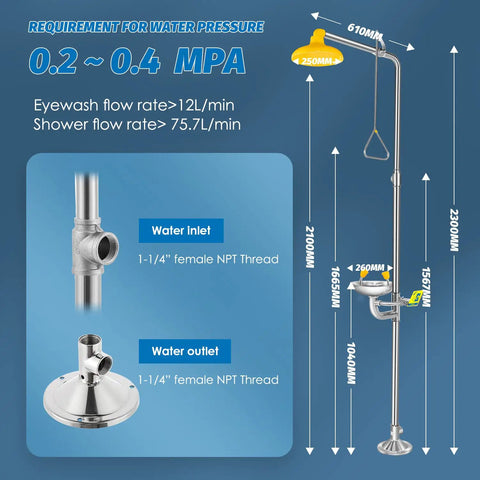Heavy Duty Combo Safety Shower And Eyewash Station with detailed specifications and dimensions for jobsite use.