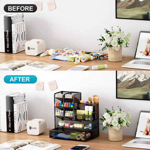 Mesh Pen Holder Desk Organizer With Drawer Ultra Versatile Pencil Organizer And Office Supplies Caddy For A Clean Slick Desk Setup