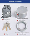 Front view of MOSECYOU deadbolt security guard kit: metal locking case, storage bag, keys on ring, round bracket