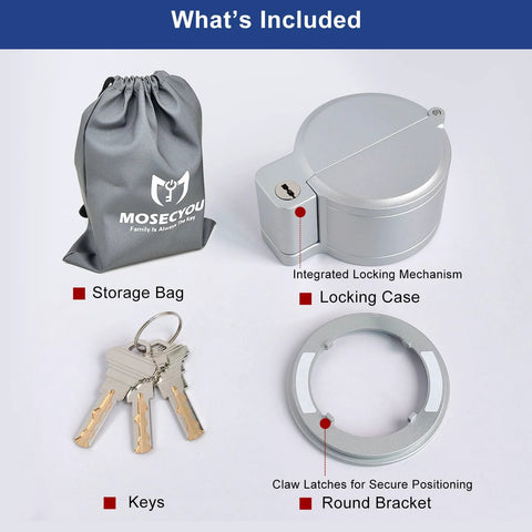 Front view of MOSECYOU deadbolt security guard kit: metal locking case, storage bag, keys on ring, round bracket