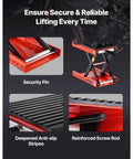 Heavy Duty Motorcycle Lift Stand With 1200 Lbs Capacity showing anti-slip rubber, security pin, and reinforced screw rod.