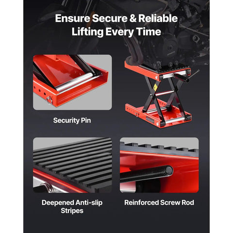 Heavy Duty Motorcycle Lift Stand With 1200 Lbs Capacity showing anti-slip rubber, security pin, and reinforced screw rod.